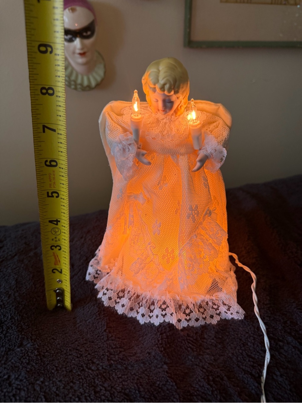 vintage electrified porcelain-head and lace-dress angel Christmas tree topper
